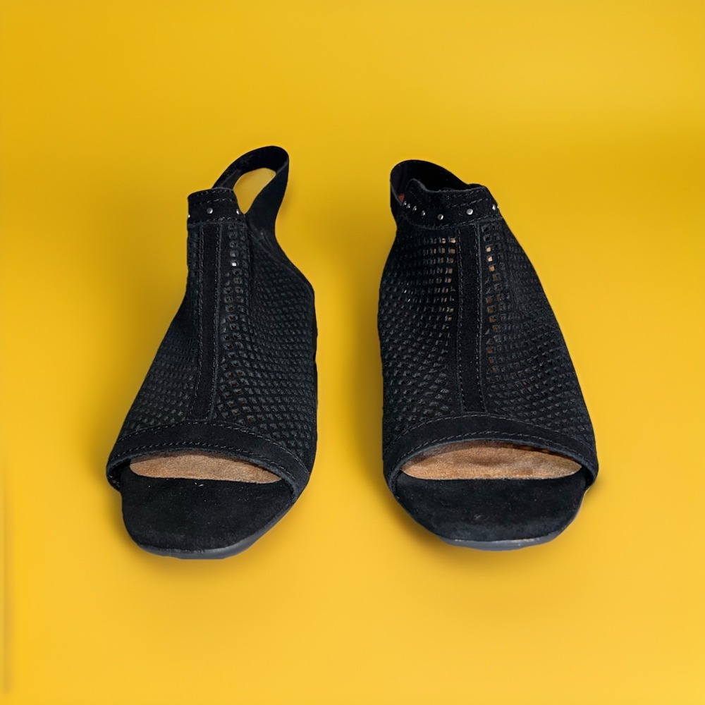 Vintage 7eight Lacy Black Studded Mesh Leather Open Toe Block Heel Sling Sandal